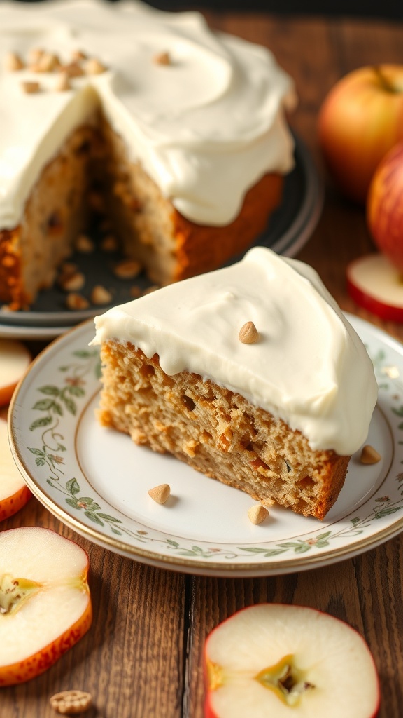 A slice of Keto apple cake with cream cheese frosting on a decorative plate, surrounded by sliced apples.