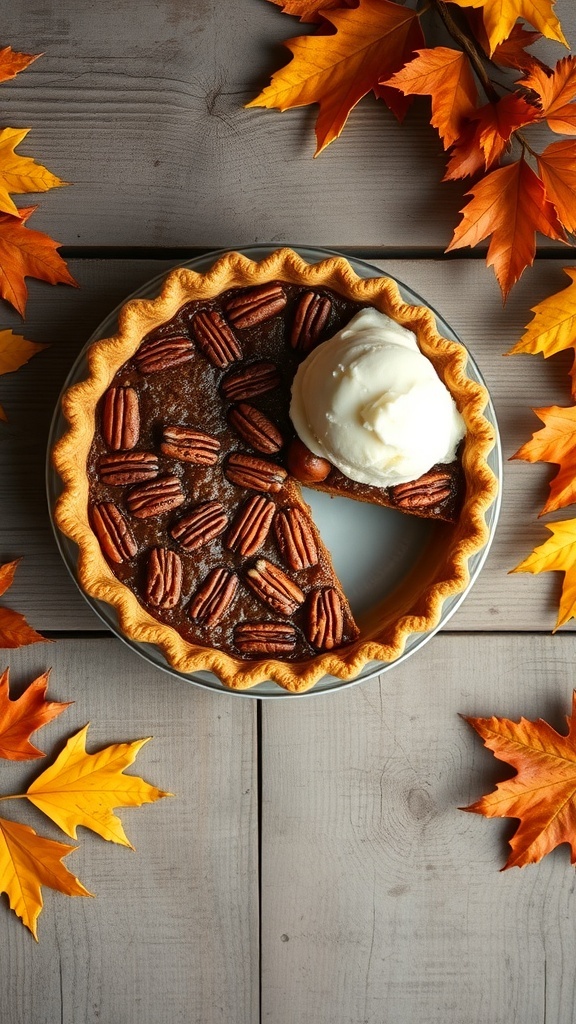 A delicious maple pecan pie with a scoop of ice cream, surrounded by autumn leaves.
