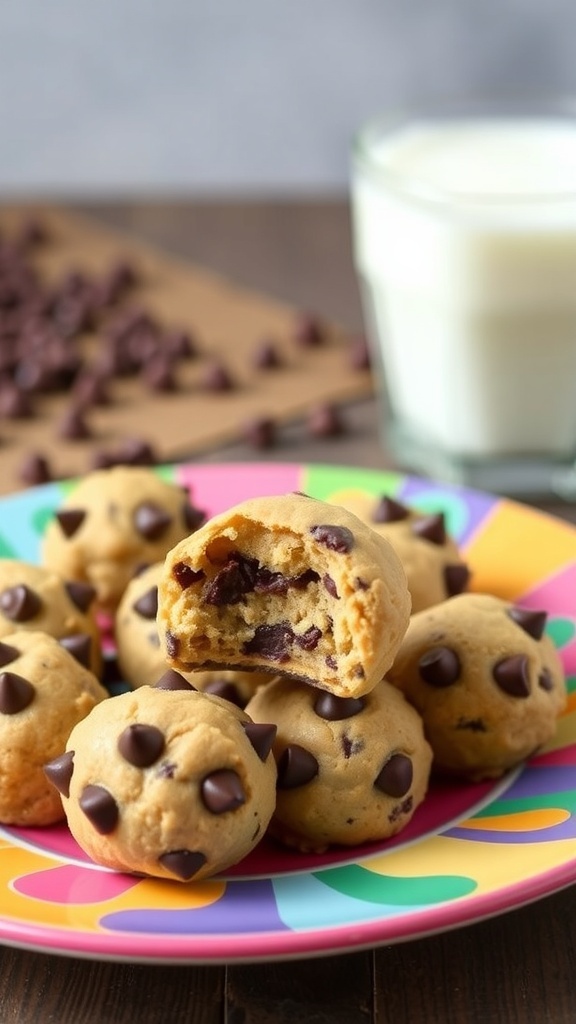 A colorful plate filled with no-bake chocolate chip cookie dough bites, some of which are bitten into, with a glass of milk in the background.