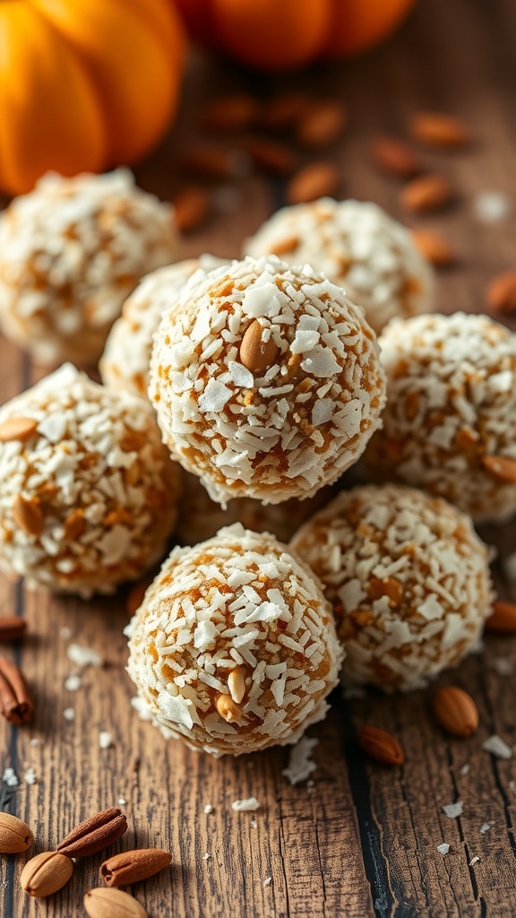 A close-up of pumpkin spice energy bites rolled in coconut, surrounded by almonds and pumpkins.