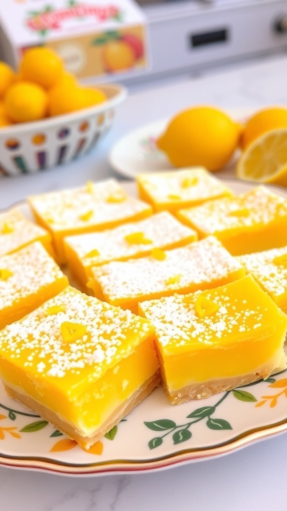 A platter of vegan lemon bars garnished with mint leaves, surrounded by fresh lemons.