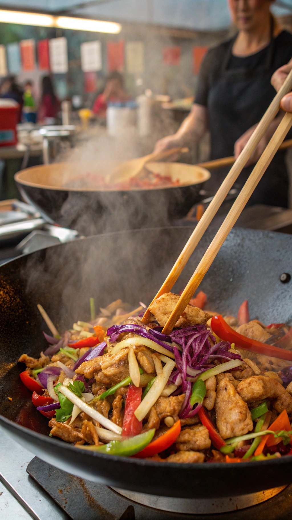 A close-up of teriyaki chicken stir-fry with colorful vegetables being cooked in a wok.