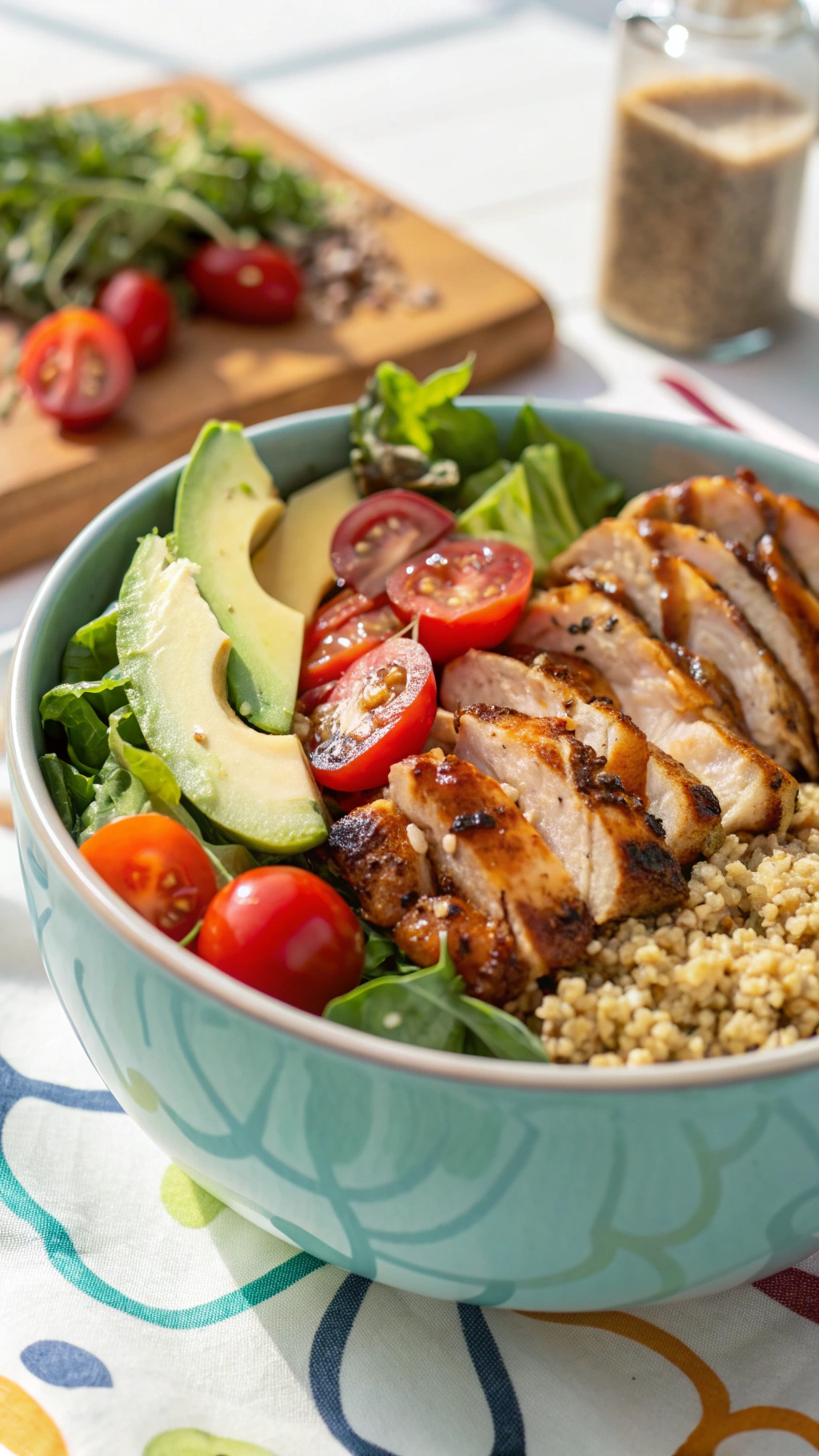 A colorful teriyaki chicken and quinoa salad with sliced chicken, avocado, cherry tomatoes, and mixed greens in a bowl.