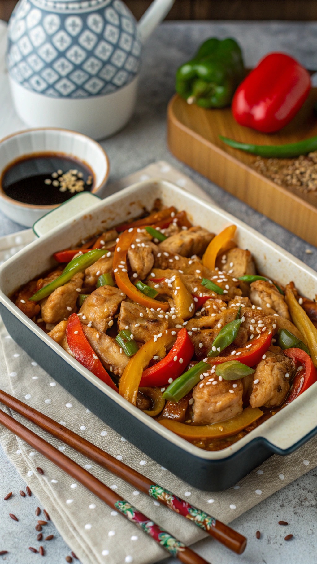 A colorful Teriyaki Chicken Casserole with bell peppers, chicken, and sesame seeds, served in a baking dish.