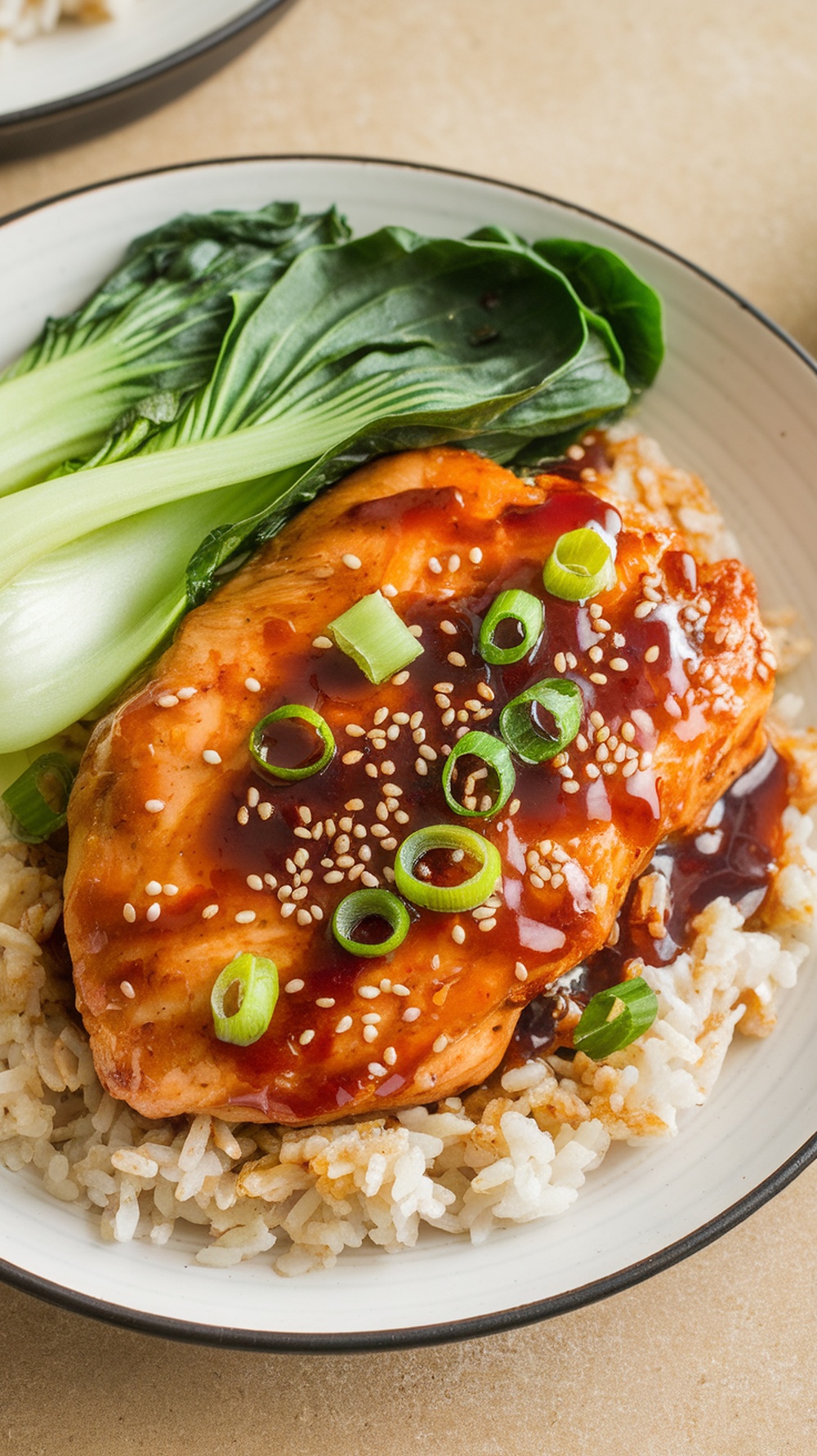 A plate of teriyaki chicken served with rice and bok choy, garnished with green onions and sesame seeds.