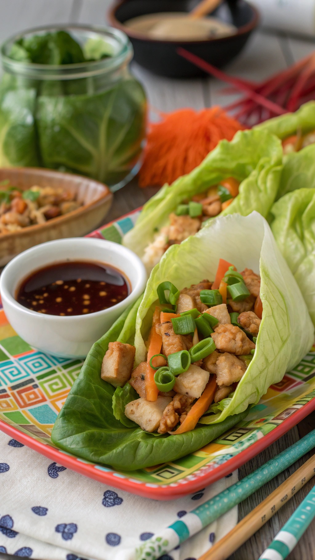 Teriyaki chicken lettuce wraps with dipping sauce and fresh vegetables