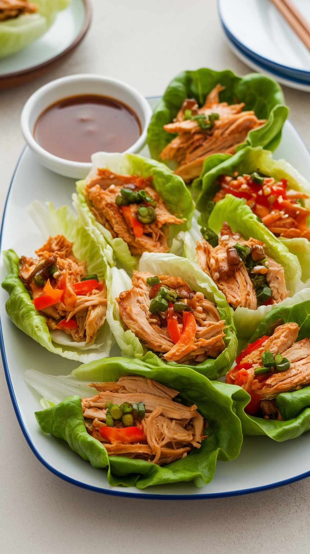 A plate of Teriyaki Chicken Lettuce Wraps with shredded chicken, bell peppers, and green onions