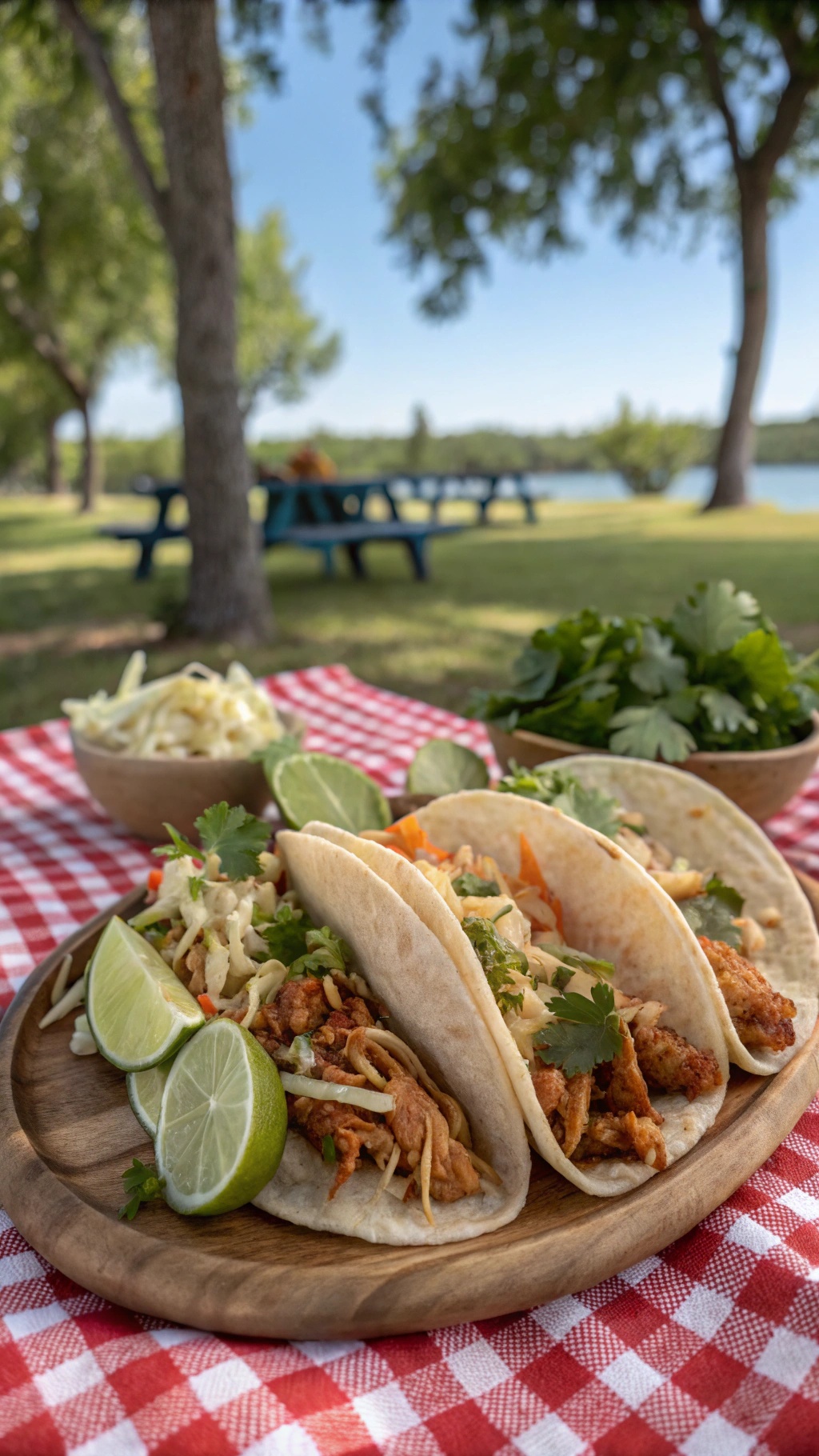 A plate of Teriyaki Chicken Tacos with Asian Slaw, garnished with lime wedges and cilantro, set in a picnic setting.