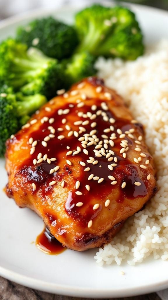 A plate of teriyaki chicken thighs served with broccoli and rice, garnished with sesame seeds.