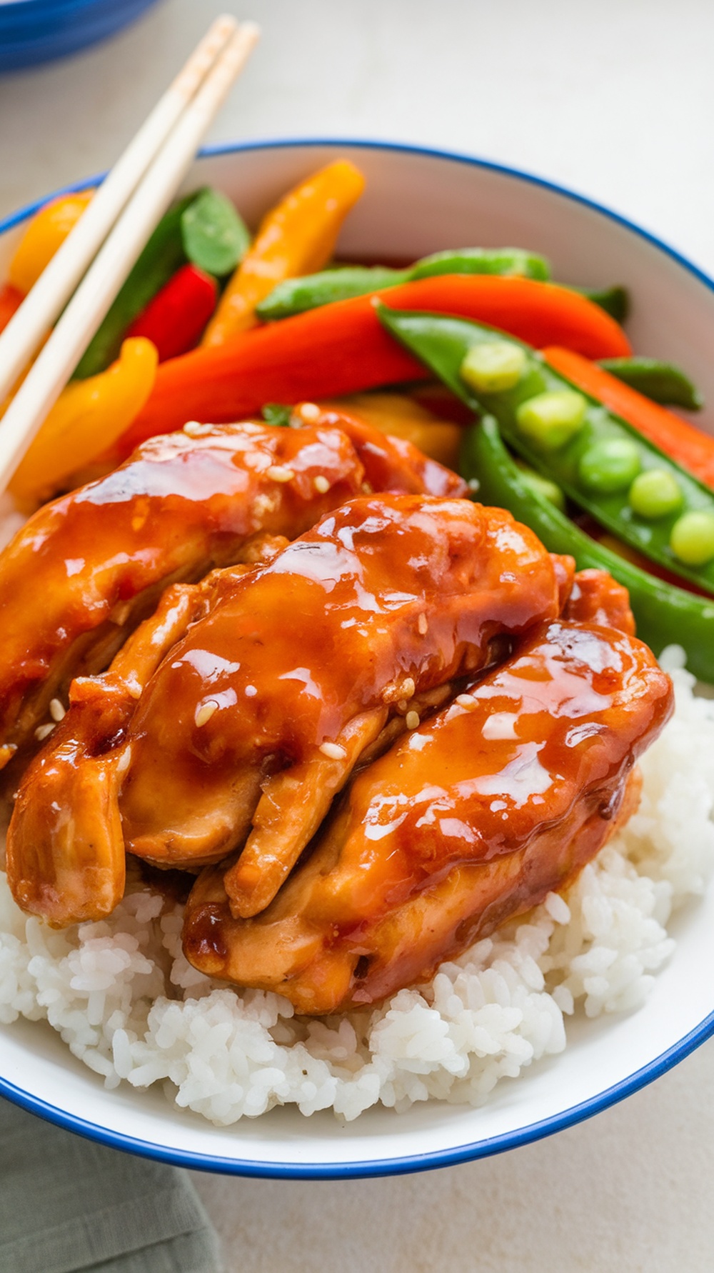 Plate of teriyaki chicken with rice and colorful vegetables