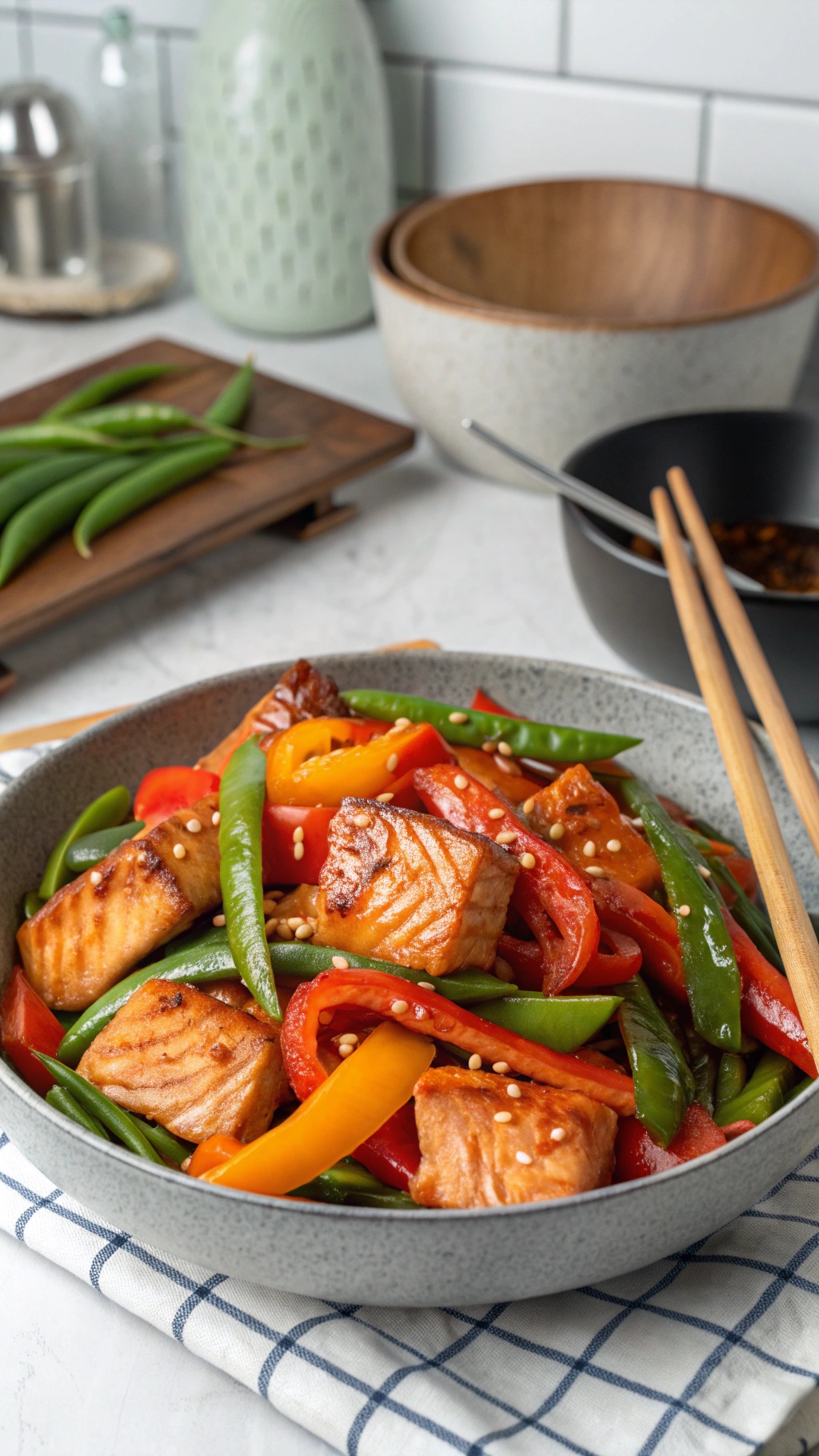 A delicious bowl of Teriyaki Salmon Stir-Fry with colorful vegetables.