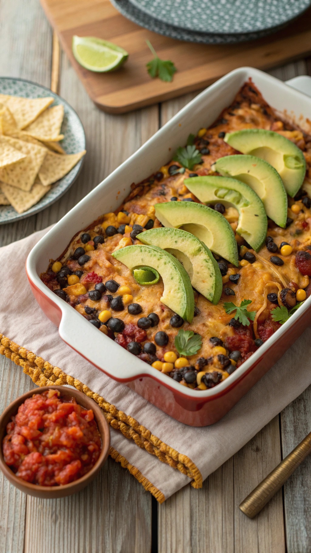 A delicious Tex-Mex chicken casserole topped with avocado slices, served with salsa and tortilla chips.