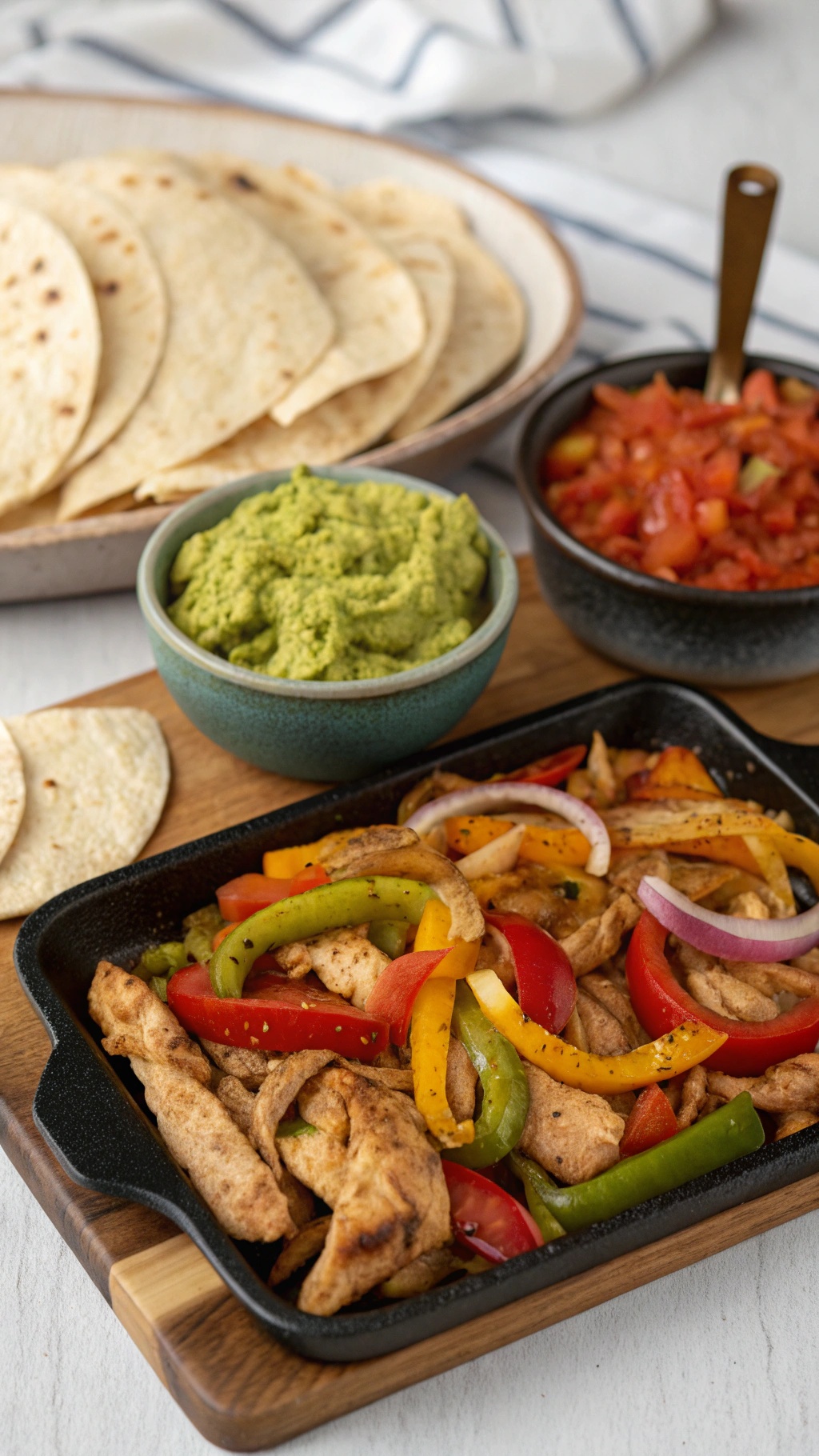 A delicious plate of chicken fajitas with colorful peppers, onions, and tortillas.