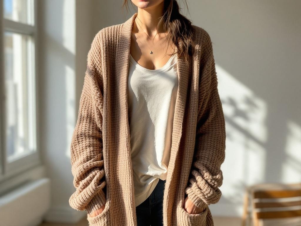 A woman wearing a textured cardigan over a layered top, showcasing a casual and stylish outfit.