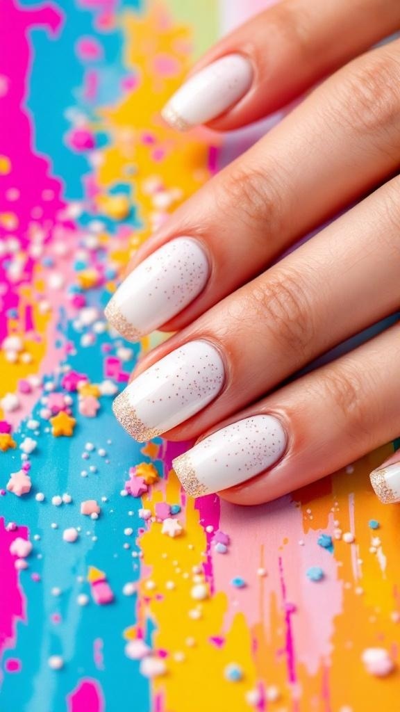 Close-up of textured white nails with glitter tips on a colorful background.
