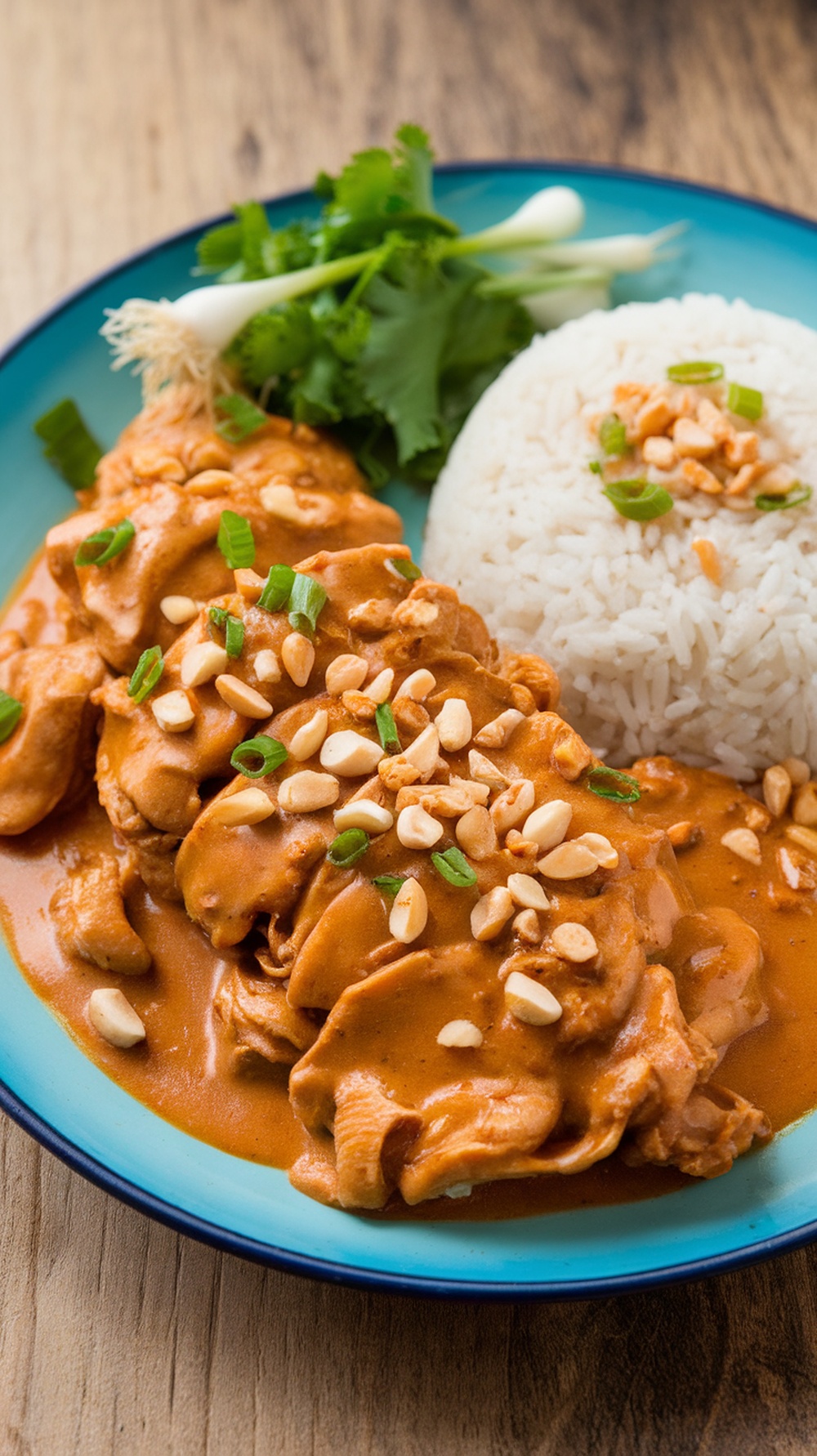 A plate of Thai Peanut Chicken served with rice, garnished with peanuts and green onions.