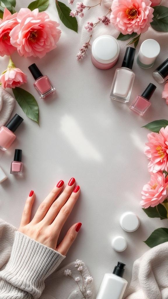 A flat lay of manicured hands with pink nails surrounded by nail polish bottles and flowers on a pink background.