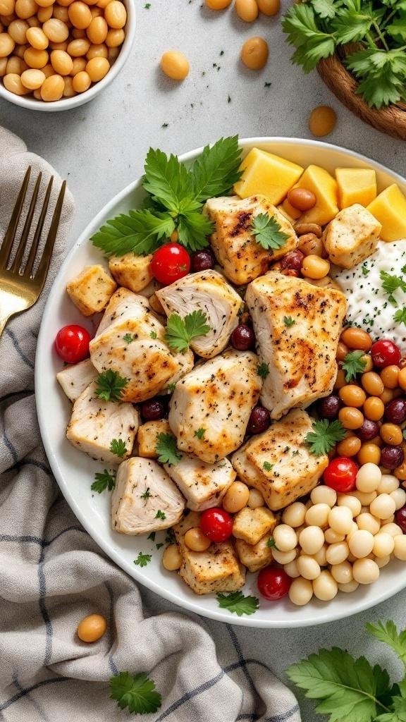A colorful plate featuring grilled chicken, fresh vegetables, and various grains, showcasing a balanced meal rich in protein.