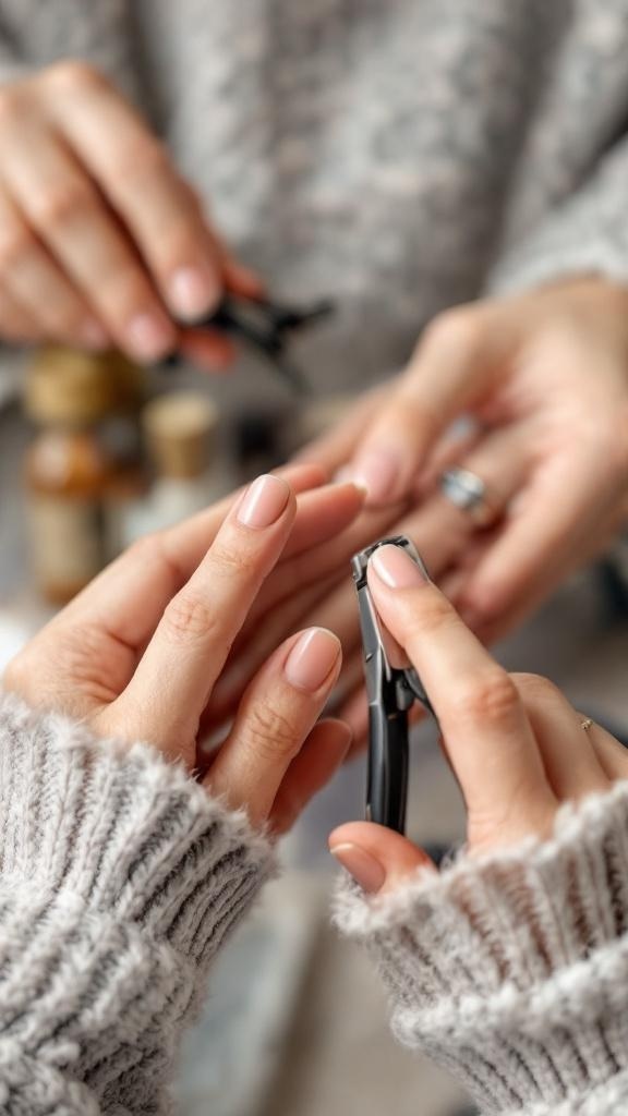 A person trimming nails with a nail clipper while another hand holds a bottle of nail polish.