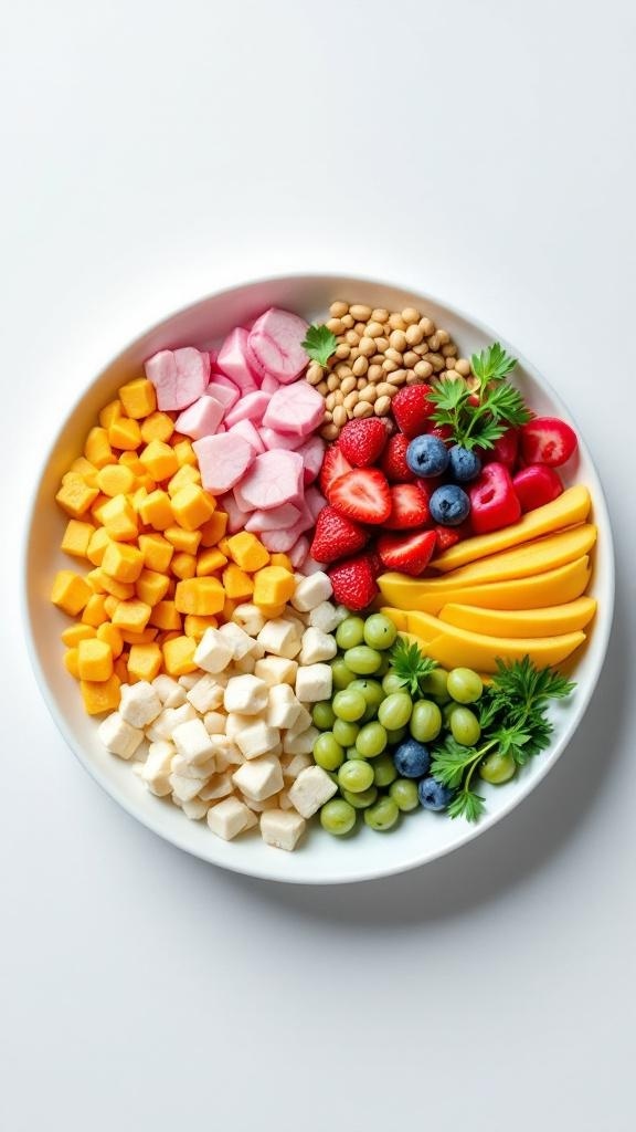A colorful plate filled with various fruits, nuts, and cheese, showcasing healthy eating options.