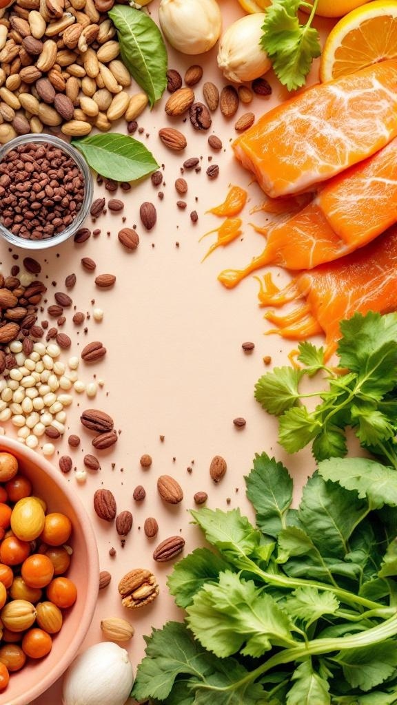 A variety of nutritious foods including salmon, nuts, herbs, and citrus fruits arranged on a surface.