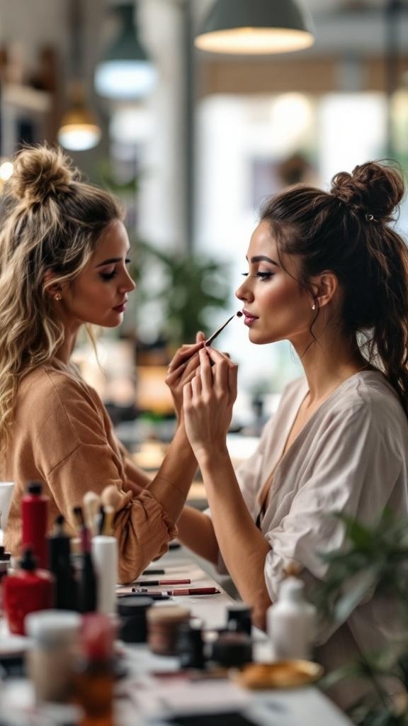 Two women in a makeup session, one applying lipstick on the other in a bright, modern setting.
