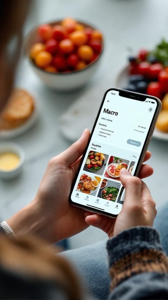 A person using a macro tracking app on their phone with a bowl of fruits in the background.