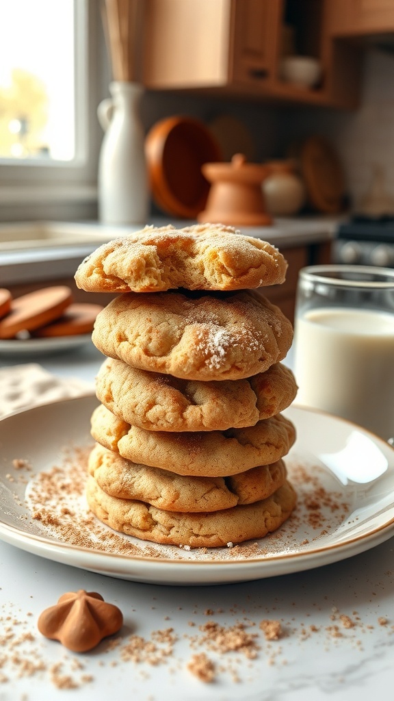 A stack of freshly baked snickerdoodle cookies on a plate with a glass of milk in the background.