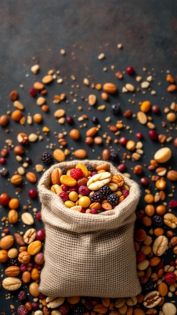 A burlap sack filled with a colorful mix of nuts and dried fruits, surrounded by scattered nuts on a dark surface.