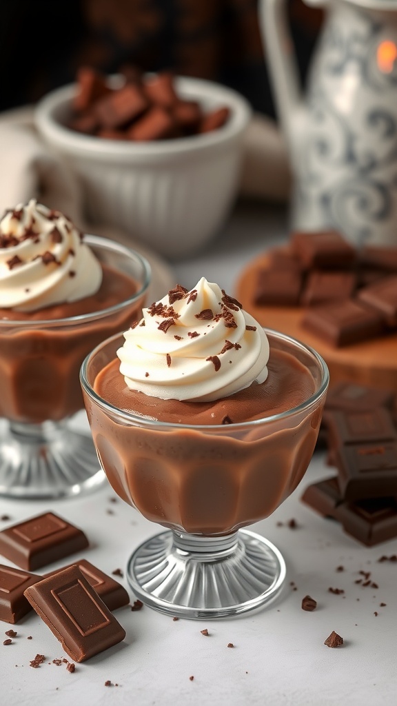Two bowls of chocolate pudding topped with whipped cream and chocolate shavings, surrounded by chocolate pieces.