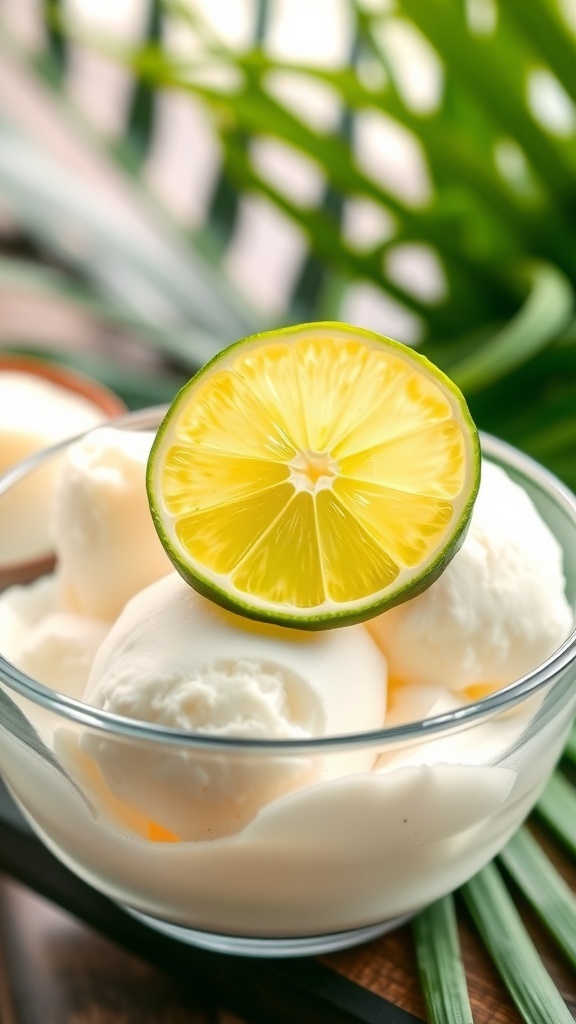 A bowl of creamy coconut lime sorbet topped with a slice of lime.