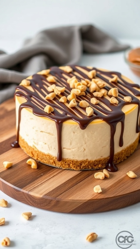 A delicious peanut butter protein cheesecake topped with chocolate drizzle and chopped peanuts on a wooden serving board.