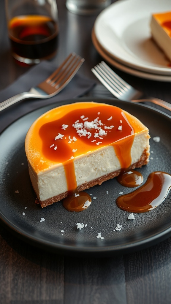 A slice of salted caramel cheesecake on a black plate, drizzled with caramel and sprinkled with sea salt.