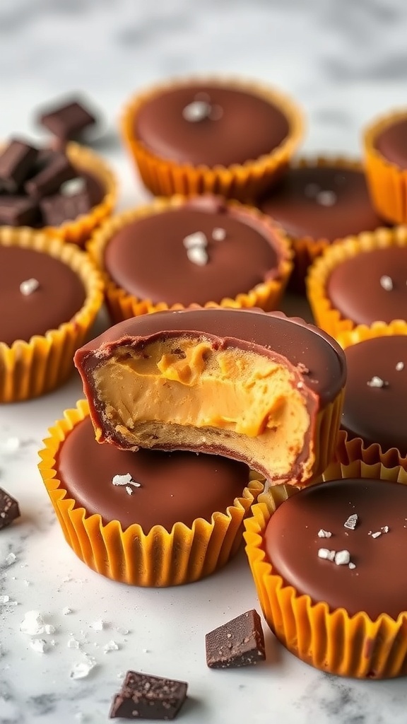 Delicious peanut butter cups with a creamy filling and chocolate coating, topped with a sprinkle of sea salt.