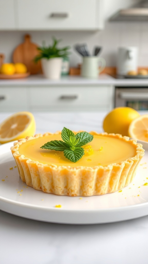 A light and luscious lemon tart garnished with mint leaves, sitting on a white plate with lemons in the background.