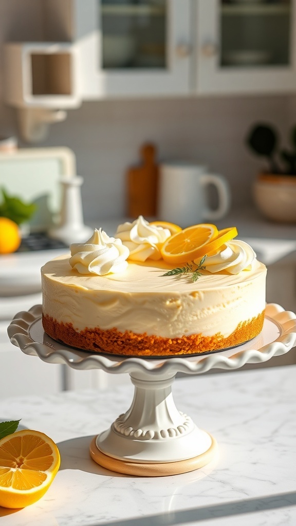 A beautiful no-bake lemon cheesecake topped with whipped cream and lemon slices, displayed on a cake stand in a bright kitchen.