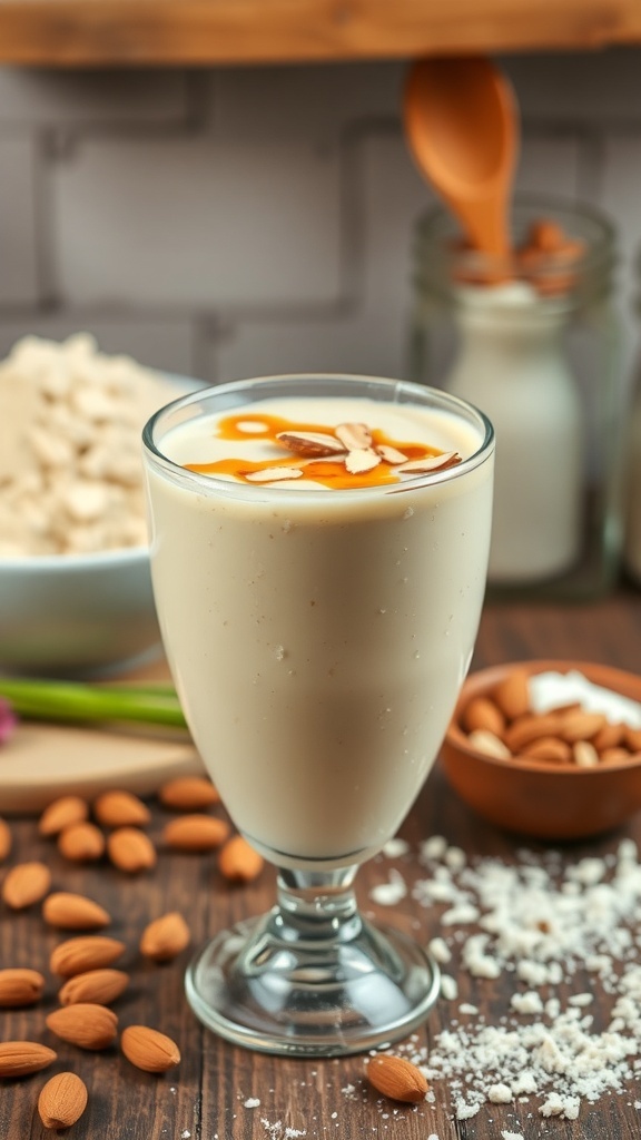 Nutty Almond Cheesecake Smoothie in a glass with almond slices and caramel drizzle