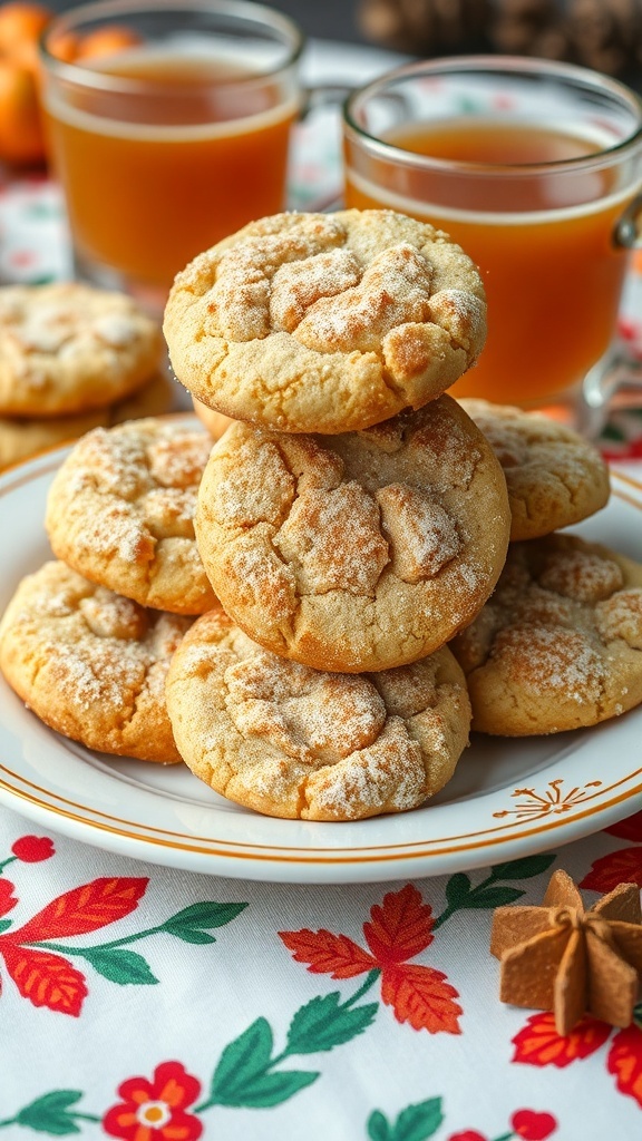 A stack of snickerdoodle cookies on a plate with cups of cider in the background