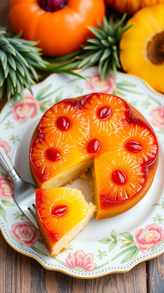 A delicious pineapple upside-down cake with pineapple slices and cherries on top, served on a floral plate with fresh pineapples in the background.