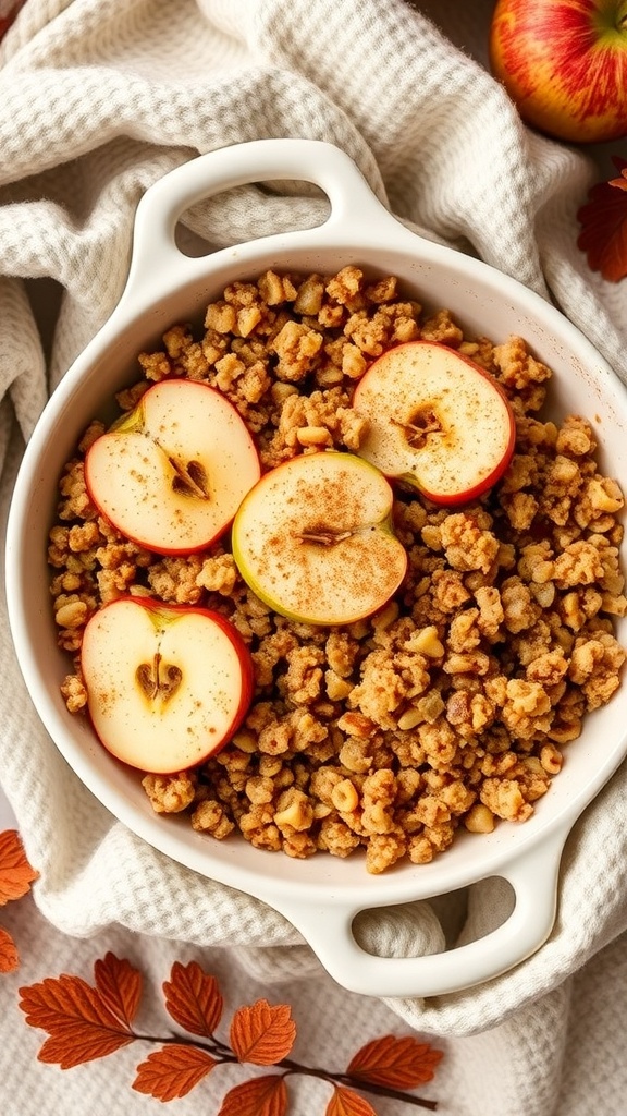Warm apple cinnamon quinoa bake topped with apple slices and cinnamon