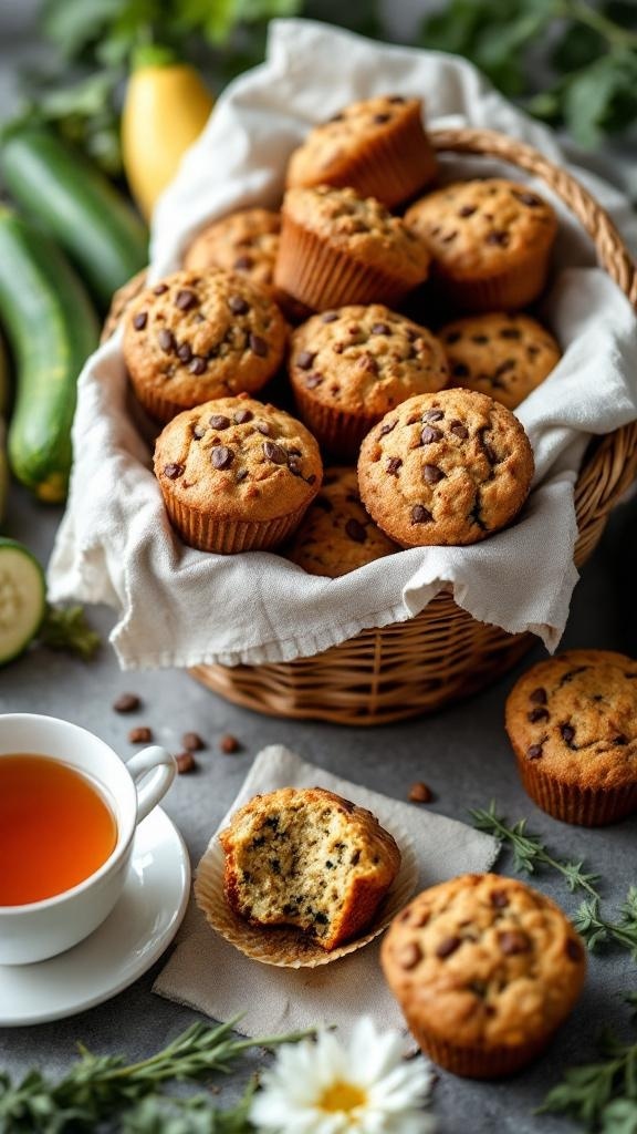 A basket of healthy zucchini bread muffins with chocolate chips, surrounded by fresh zucchini and a cup of tea.