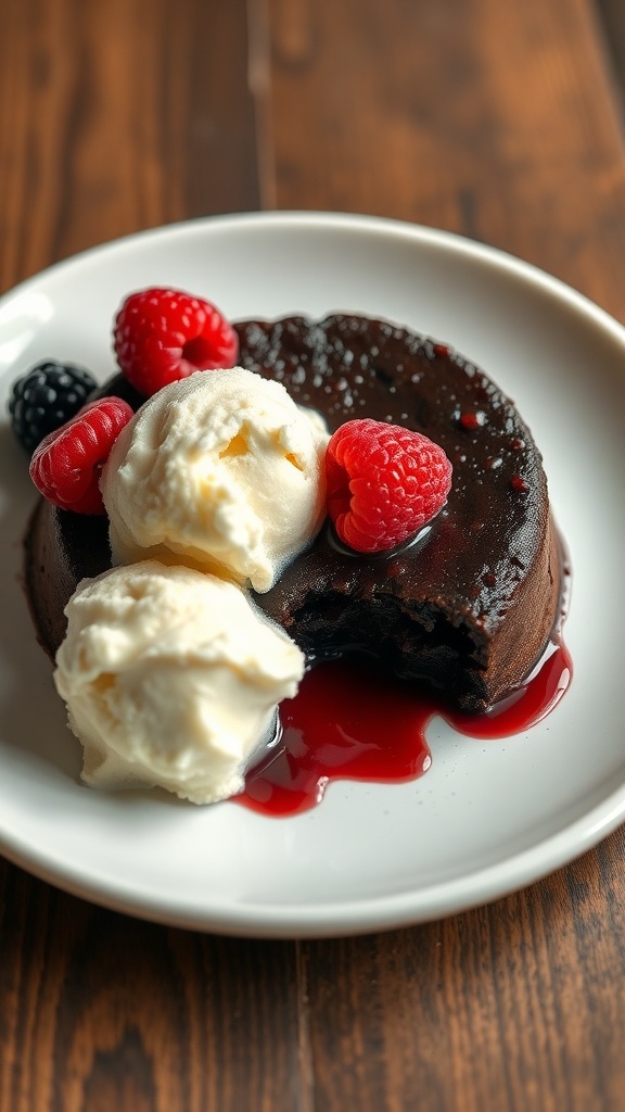 Delicious keto chocolate lava cake served with ice cream and berries