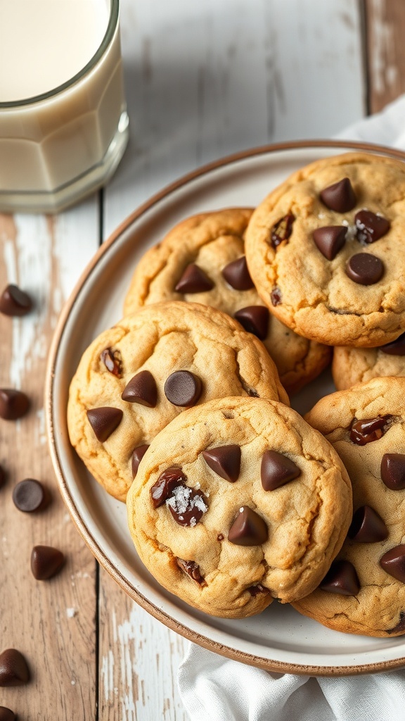 Plate of keto chocolate chip cookies with a glass of milk