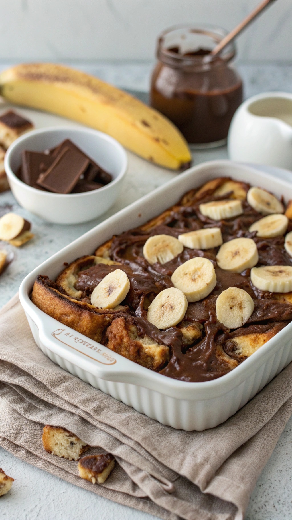 Nutella and banana French toast casserole with banana slices on top, surrounded by ingredients like Nutella and a banana.