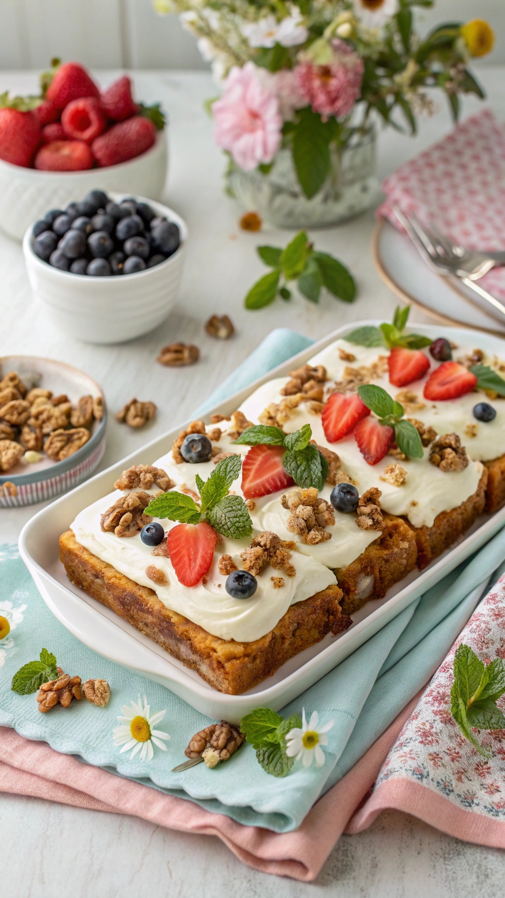 A delicious carrot cake French toast casserole topped with cream cheese frosting, strawberries, blueberries, and walnuts, surrounded by fresh berries and flowers.