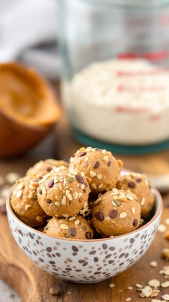 A bowl of peanut butter energy balls topped with seeds and chocolate chips.