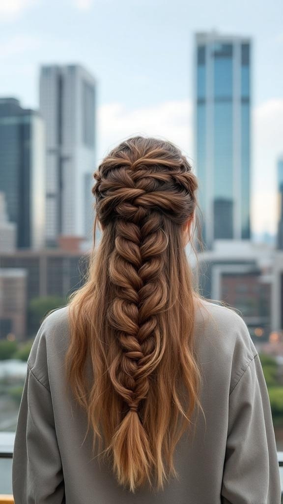 A woman with a trendy infinity braid hairstyle, showcasing a stylish look against a city skyline.