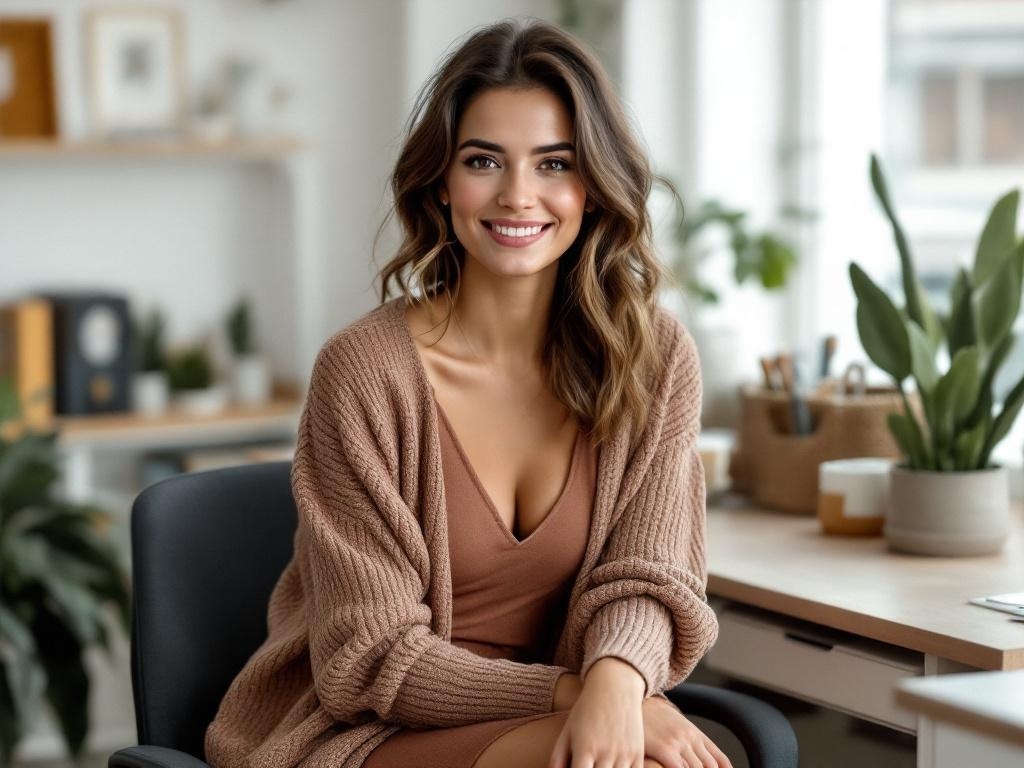 A woman smiling while wearing a trendy midi dress and a cozy cardigan in an office setting.