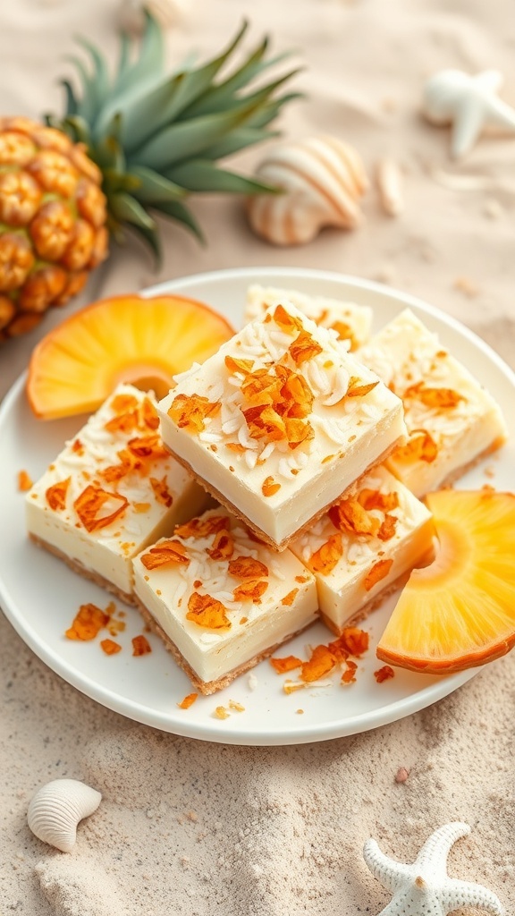 Tropical coconut and pineapple bars on a plate with pineapple slices and coconut flakes.