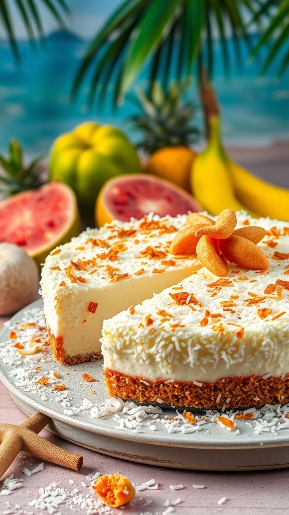 A tropical coconut cheesecake with a slice taken out, surrounded by fresh fruits and palm leaves.